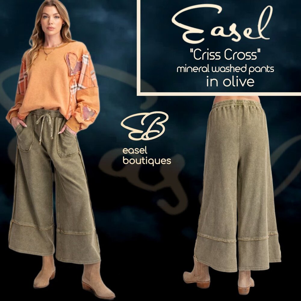 EASEL "Criss Cross" Mineral Washed Cotton Raw Seams Cropped Flared Pants Pockets